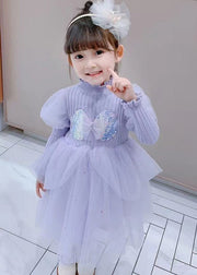 Cute Purple Ruffled Sequins Patchwork Warm Fleece Kids Girls Dress Winter