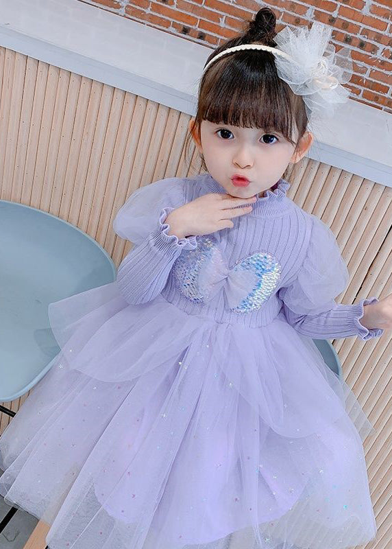 Cute Purple Ruffled Sequins Patchwork Warm Fleece Kids Girls Dress Winter
