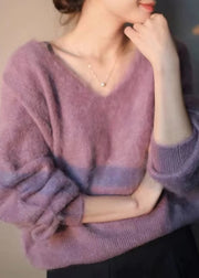 Cute Purple V Neck Cozy Knit Sweater Long Sleeve