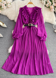 Cute Purple V Neck Ruffled Tunic Sashes Maxi Dress Puff Sleeve