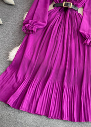 Cute Purple V Neck Ruffled Tunic Sashes Maxi Dress Puff Sleeve