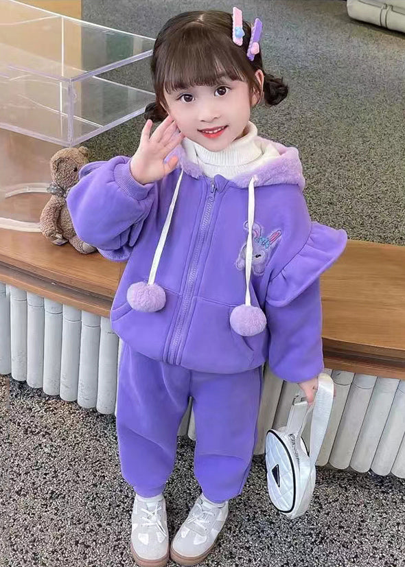 Cute Purple Zippered Coats And Pants Warm Fleece Girls Two Piece Set Spring
