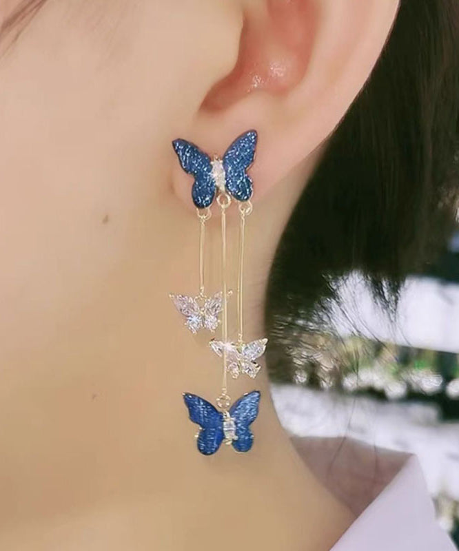 Cute Purple lloy Zircon Crystal Butterfly Tassel Drop Earrings