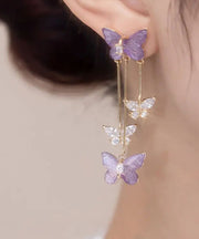 Cute Purple lloy Zircon Crystal Butterfly Tassel Drop Earrings