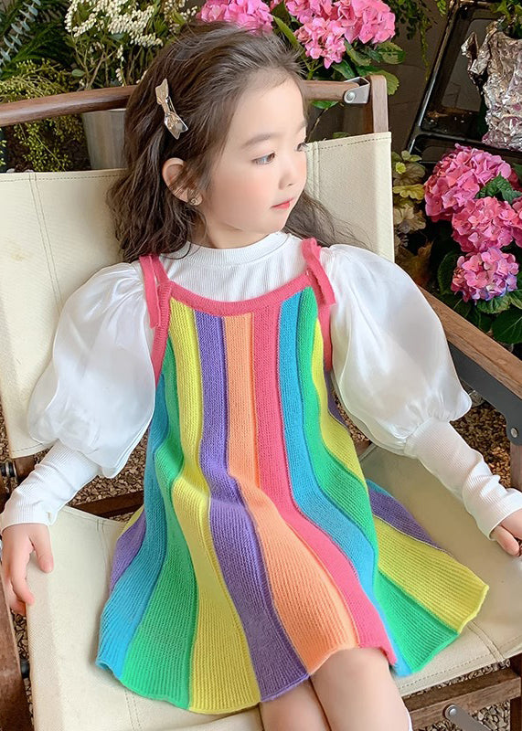 Cute Rainbow O Neck Patchwork Knit Girls Two Piece Set Puff Sleeve