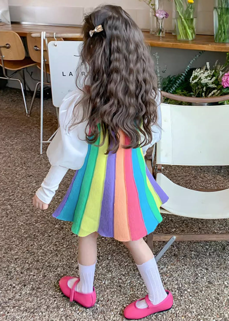 Cute Rainbow O Neck Patchwork Knit Girls Two Piece Set Puff Sleeve