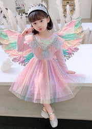 Cute Rainbow Ruffled Sequins Patchwork Tulle Baby Girls Party Dress Long Sleeve