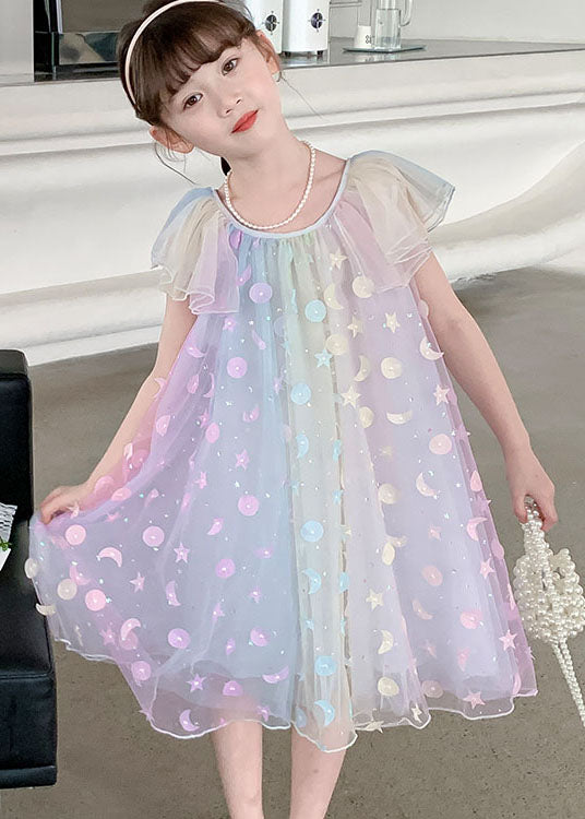 Cute Rainbow Sequins Wrinkled Patchwork Tulle Kids Girls Princess Dress Summer