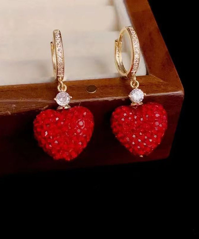 Cute Red Alloy Inlaid Gem Stone Zircon Love Drop Earrings