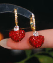 Cute Red Alloy Inlaid Gem Stone Zircon Love Drop Earrings