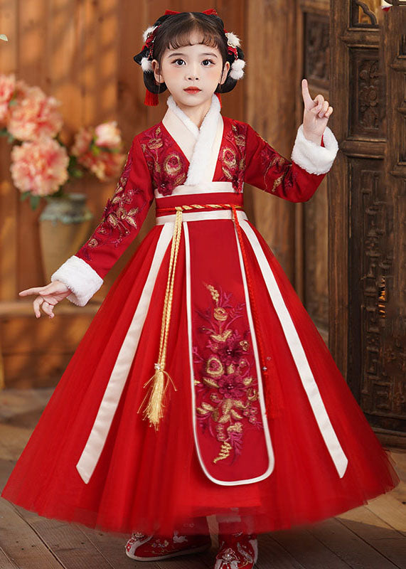 Cute Red Tie Waist Embroidered Patchwork Tulle Kids Maxi Dresses Long Sleeve