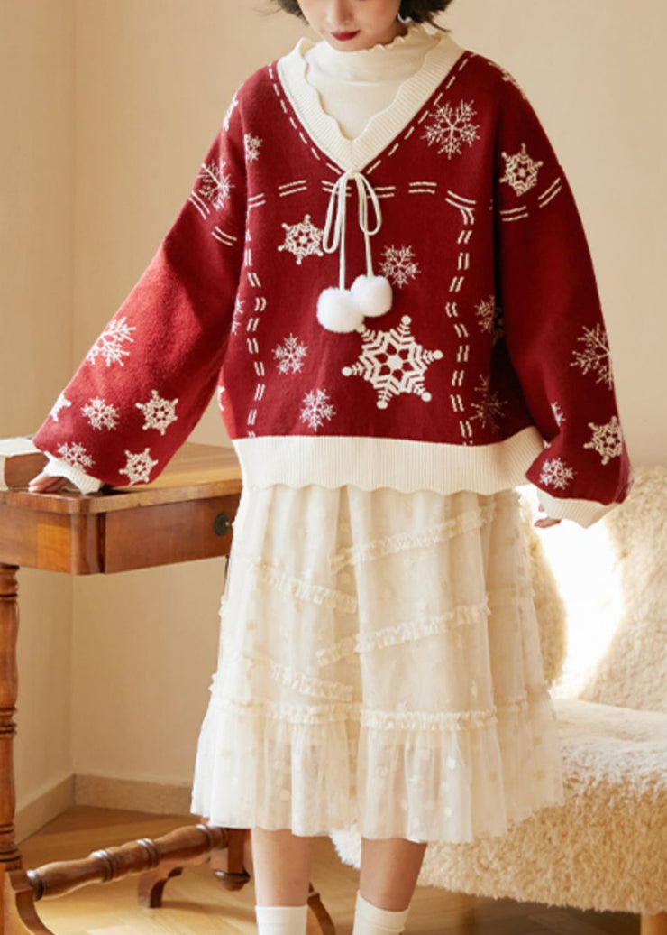 Cute Red V Neck Thick Embroidered Knit Knitted Tops Fall