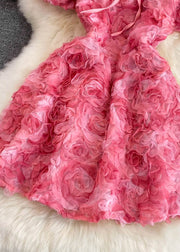 Cute Rose Square Collar Floral Tulle Mid Dress Puff Sleeve