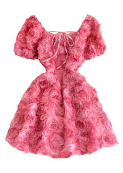 Cute Rose Square Collar Floral Tulle Mid Dress Puff Sleeve