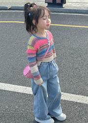 Cute Striped O Neck Cotton Tops And Denim Pants Baby Girls Two Pieces Set Fall