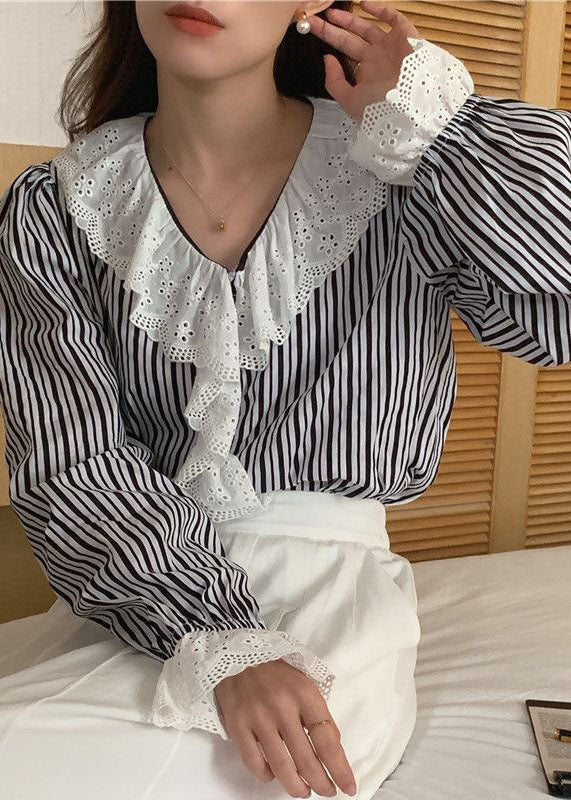 Cute Striped Ruffled Patchwork Cotton Shirts Top Long Sleeve