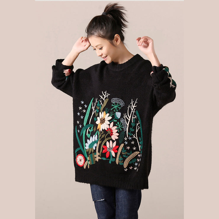 Cute Sweater weather Women o neck black  Ugly knitwear embroidery fall