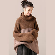 Cute Sweater weather plus size high neck khaki oversized knitwear patchwork