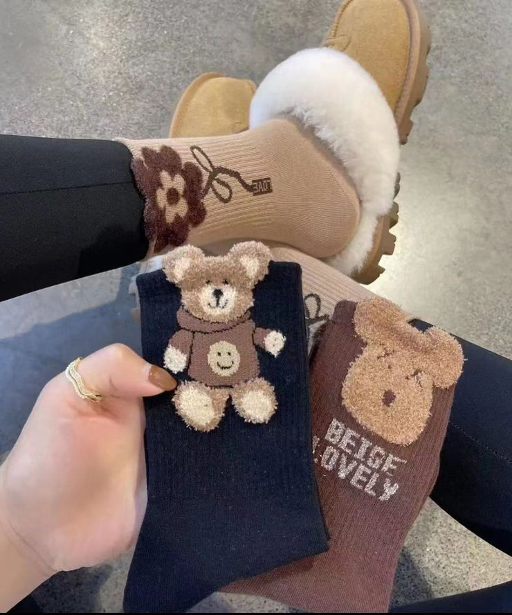 Cute Teddy Cartoon Jacquard Cotton Mid Calf Socks
