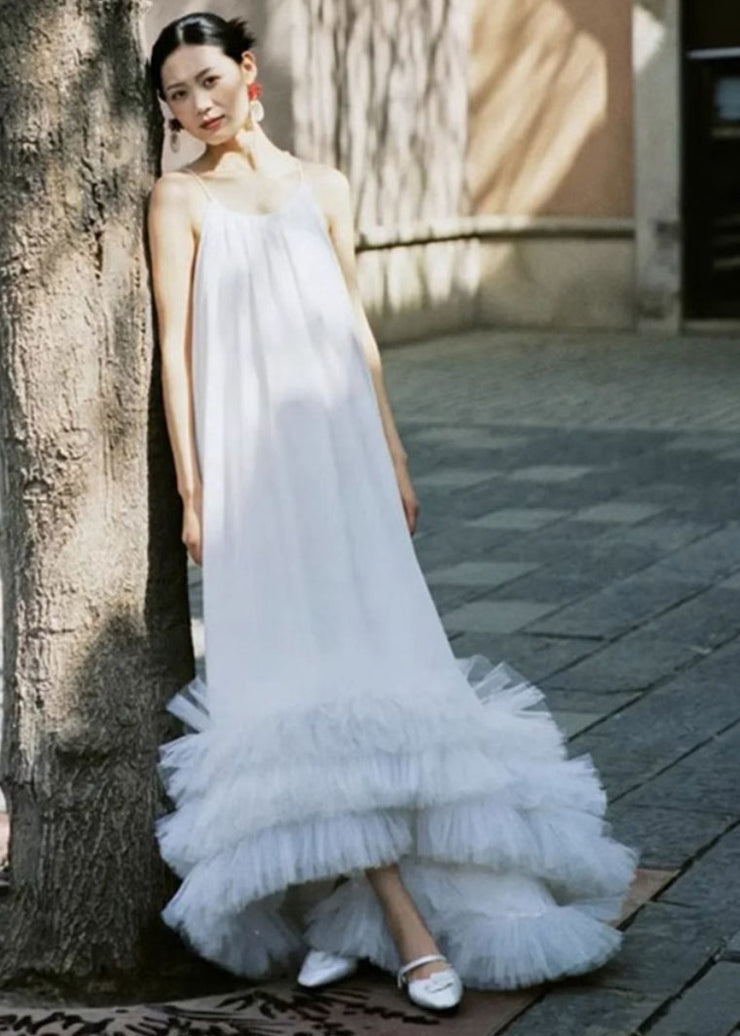 Cute White Halter Floral Tulle Patchwork Long Dresses Summer