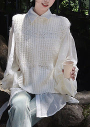 Cute White Hollow Out Knit Cardigans And Shirts Two Pieces Set Long Sleeve