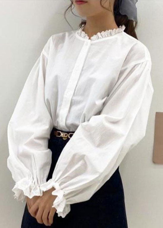 Cute White Lace Ruffled Patchwork Cotton Shirt Top Spring