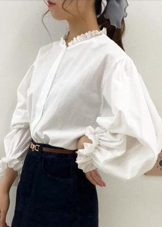 Cute White Lace Ruffled Patchwork Cotton Shirt Top Spring