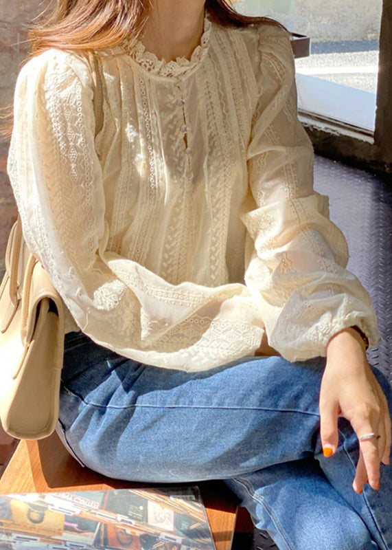 Cute White O-Neck Button Lace Shirts Spring
