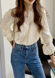 Cute White O-Neck Button Lace Shirts Spring