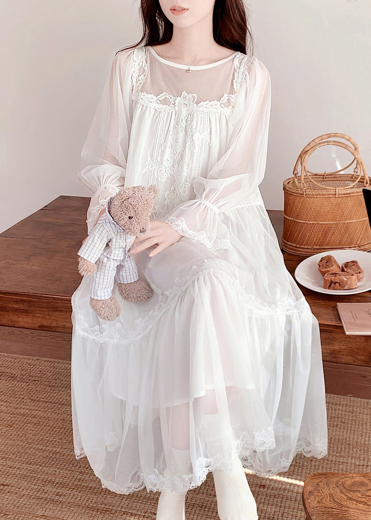 Cute White O-Neck Embroidered Floral Tulle Vacation Long Dresses Long Sleeve