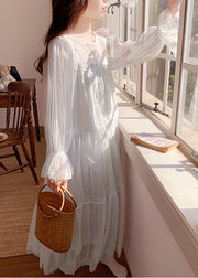 Cute White O-Neck Embroidered Floral Tulle Vacation Long Dresses Long Sleeve