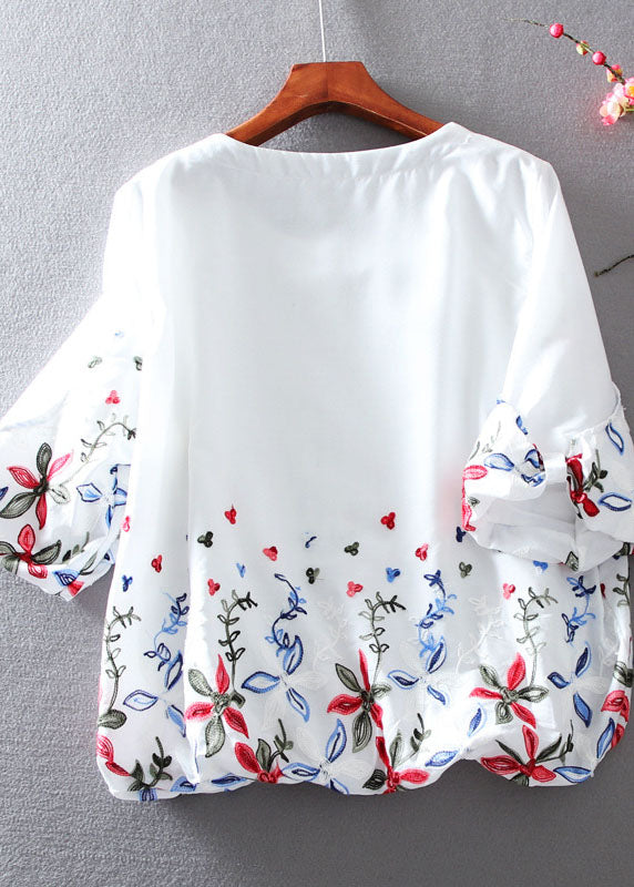 Cute White O-Neck Embroidered Chiffon tops lantern sleeve