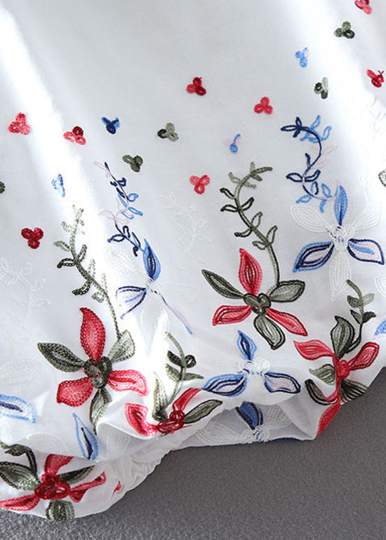 Cute White O-Neck Embroidered Chiffon tops lantern sleeve