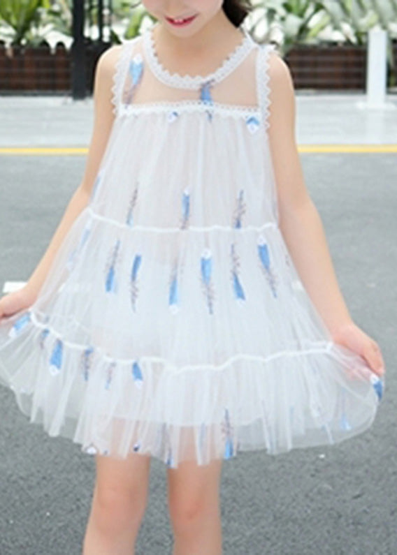 Cute White O-Neck Sequins Patchwork Tulle Girls Mid Dress Summer