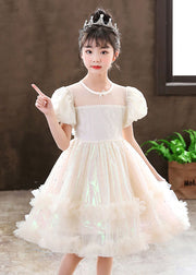 Cute White Puff Sleeve Floral Tulle Kids Girls Dress Summer
