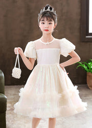 Cute White Puff Sleeve Floral Tulle Kids Girls Dress Summer