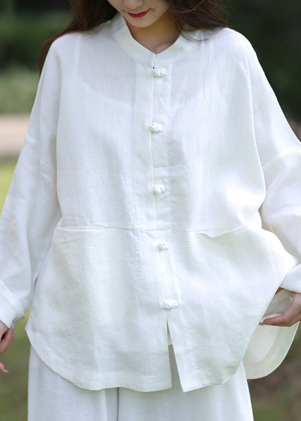 Cute White Stand Collar Button Linen Coats Spring