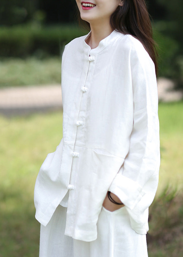 Cute White Stand Collar Button Linen Coats Spring