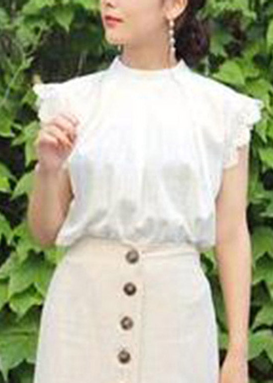 Cute White Stand Collar Ruffled Lace Patchwork Cotton Skirt Summer