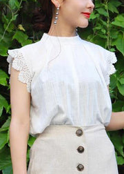 Cute White Stand Collar Ruffled Lace Patchwork Cotton Skirt Summer
