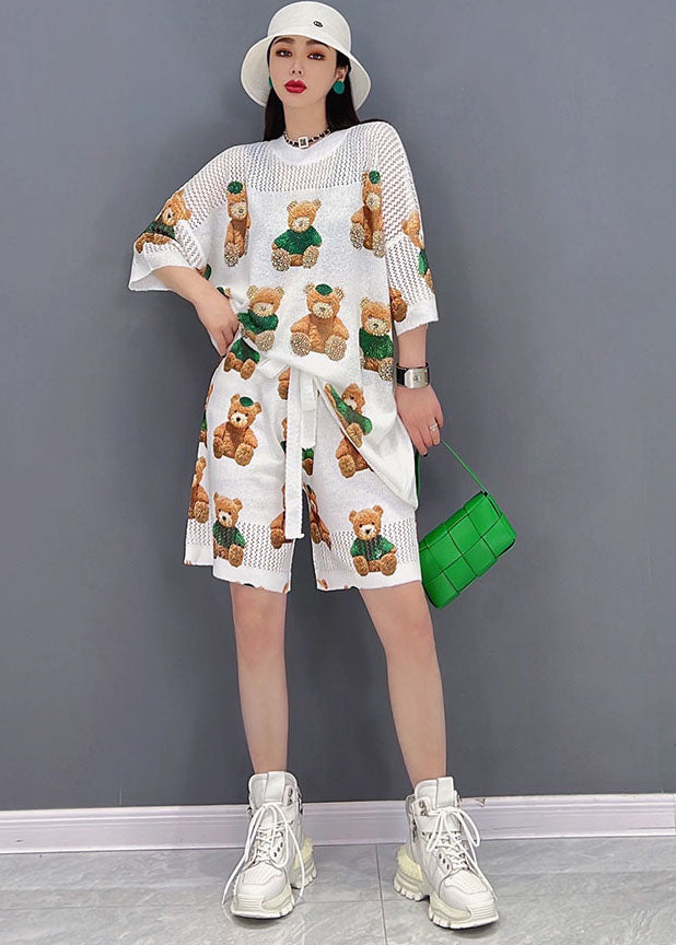 Cute White Teddy Bear Print Cotton Tanks And Shorts Two Pieces Set Short Sleeve