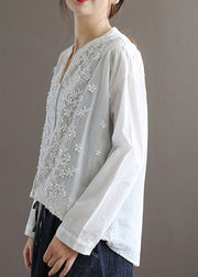 Cute White V Neck Embroidered Floral Solid Cotton Top Spring