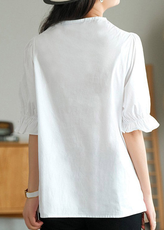 Cute White V Neck Ruffled Linen T Shirt Half Sleeve