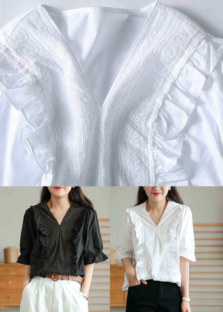 Cute White V Neck Ruffled Linen T Shirt Half Sleeve