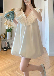 Cute White V Neck Ruffled Mid Dress Short Sleeve