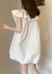 Cute White V Neck Ruffled Mid Dress Short Sleeve