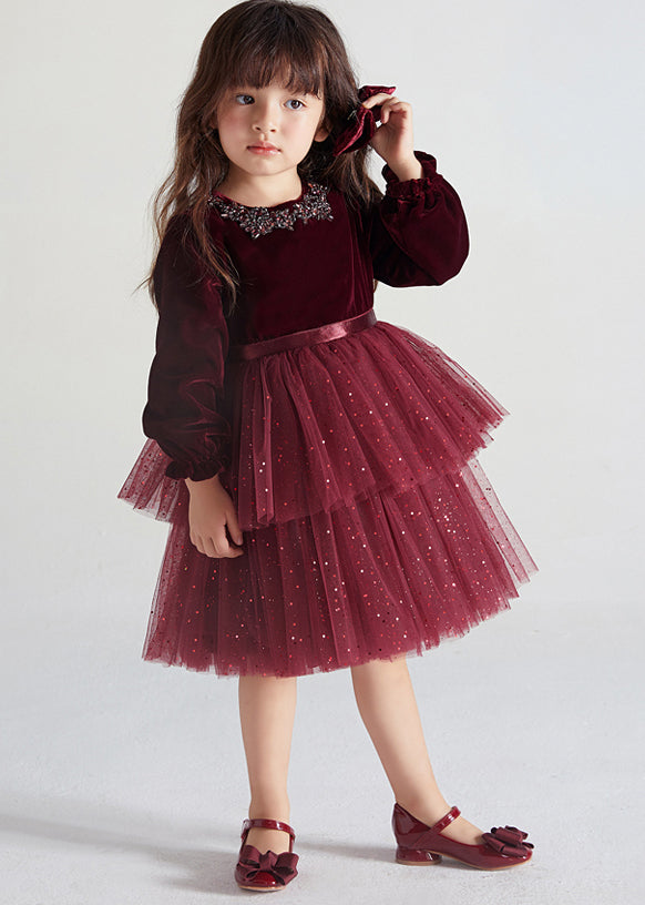 Cute Wine Red Ruffled Tulle Patchwork Warm Fleece Kids Girls Dress Fall