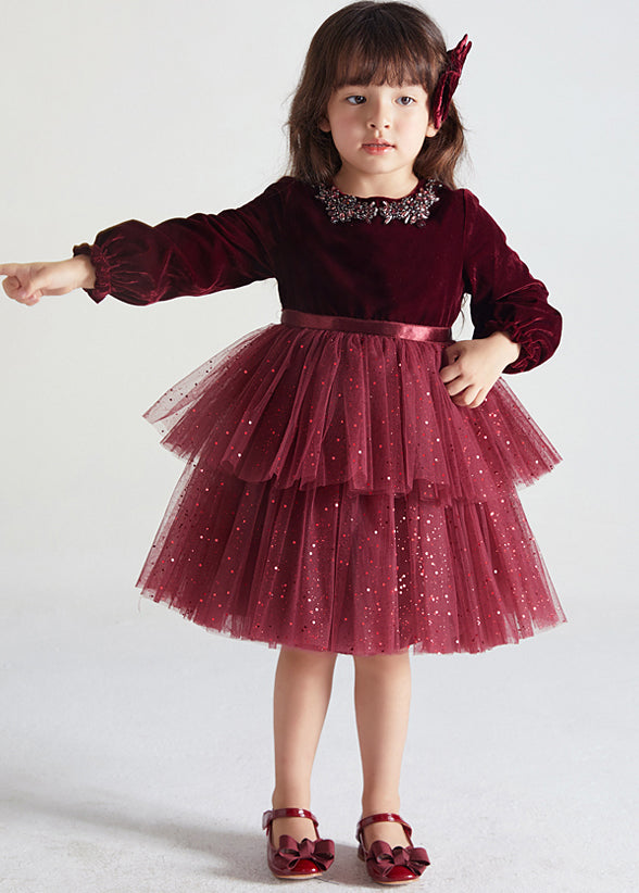 Cute Wine Red Ruffled Tulle Patchwork Warm Fleece Kids Girls Dress Fall