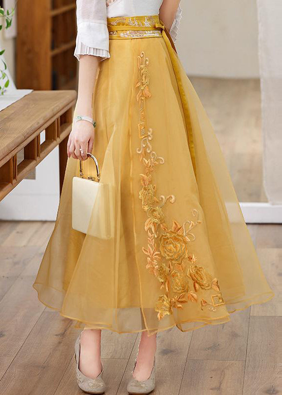 Cute Yellow Embroidered High Waist Tie Waist Tulle Skirts Fall