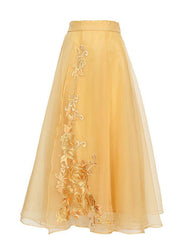 Cute Yellow Embroidered High Waist Tie Waist Tulle Skirts Fall